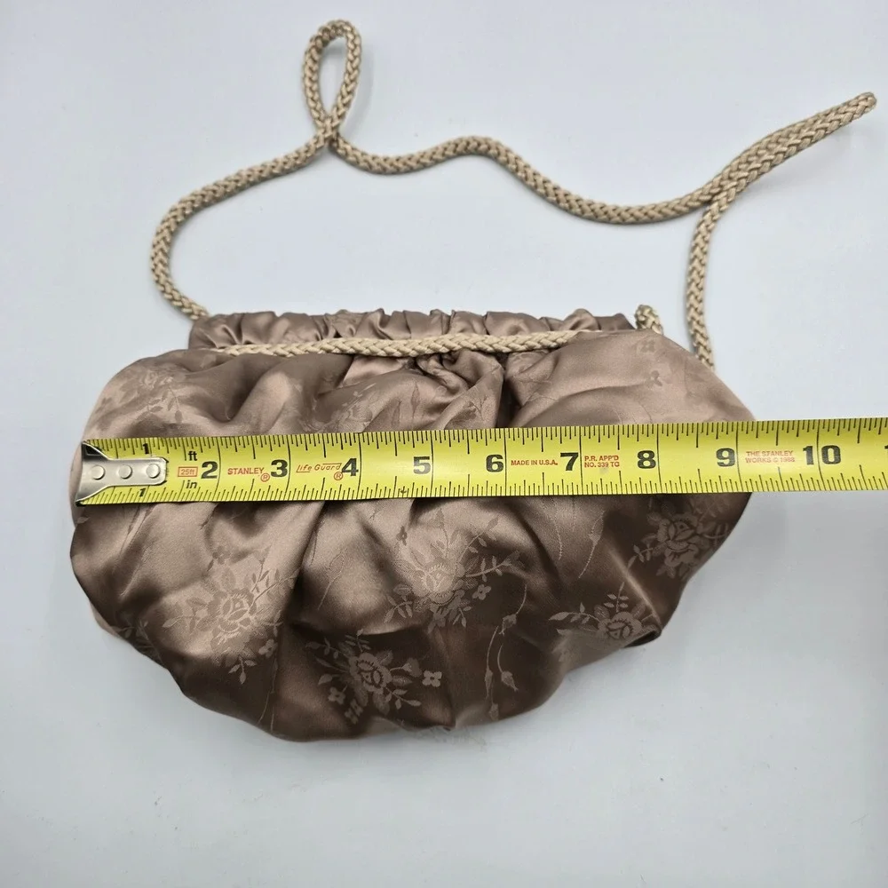 Vintage Bronze Floral Damask Evening Bag Braided Rope Pouch Rosette Taupe Formal